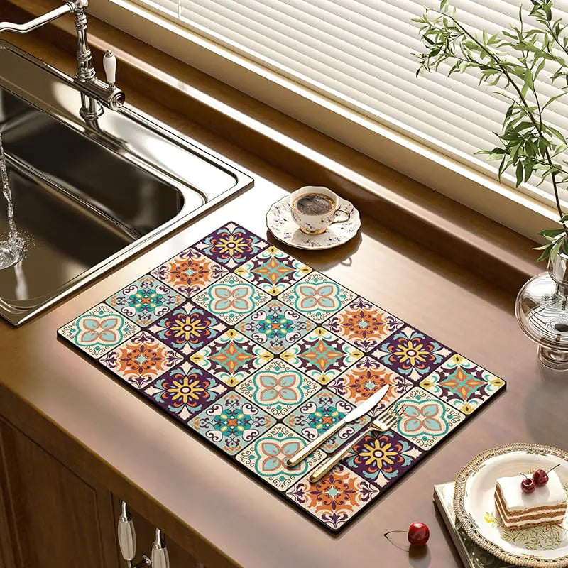 Retro Quick Drying Kitchen Mat Water-Draining Mat for Bar Countertops (A 30*40CM(11.8*15.8))